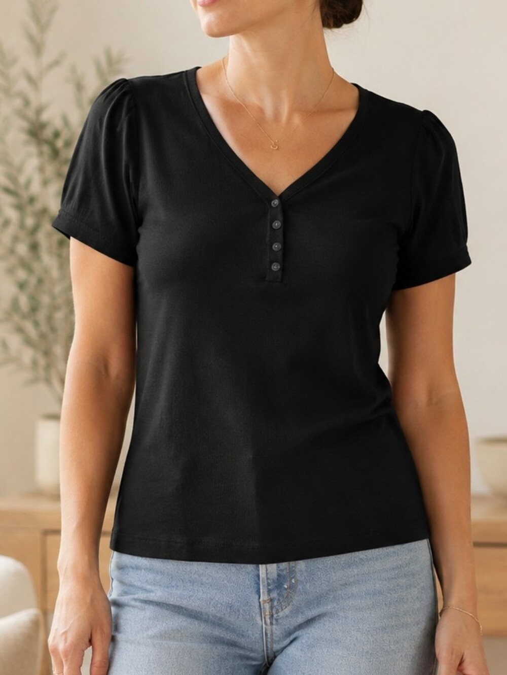 Gap Black Ribbed Puff Sleeve Henley Top L Balletcore Minimalist Clean Girl